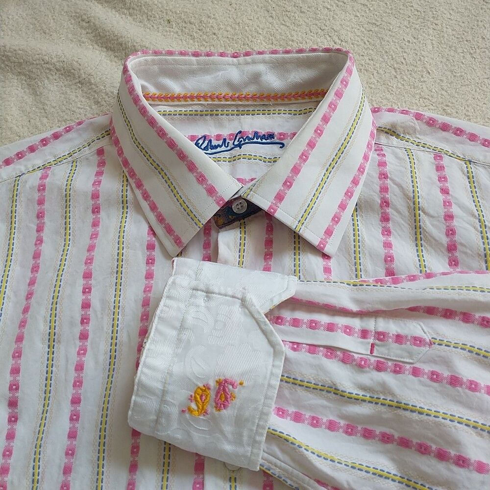 Robert Graham Shirt Mens 43 17 Pink Striped Embroidered Flip Cuff ButtonUp Whale
